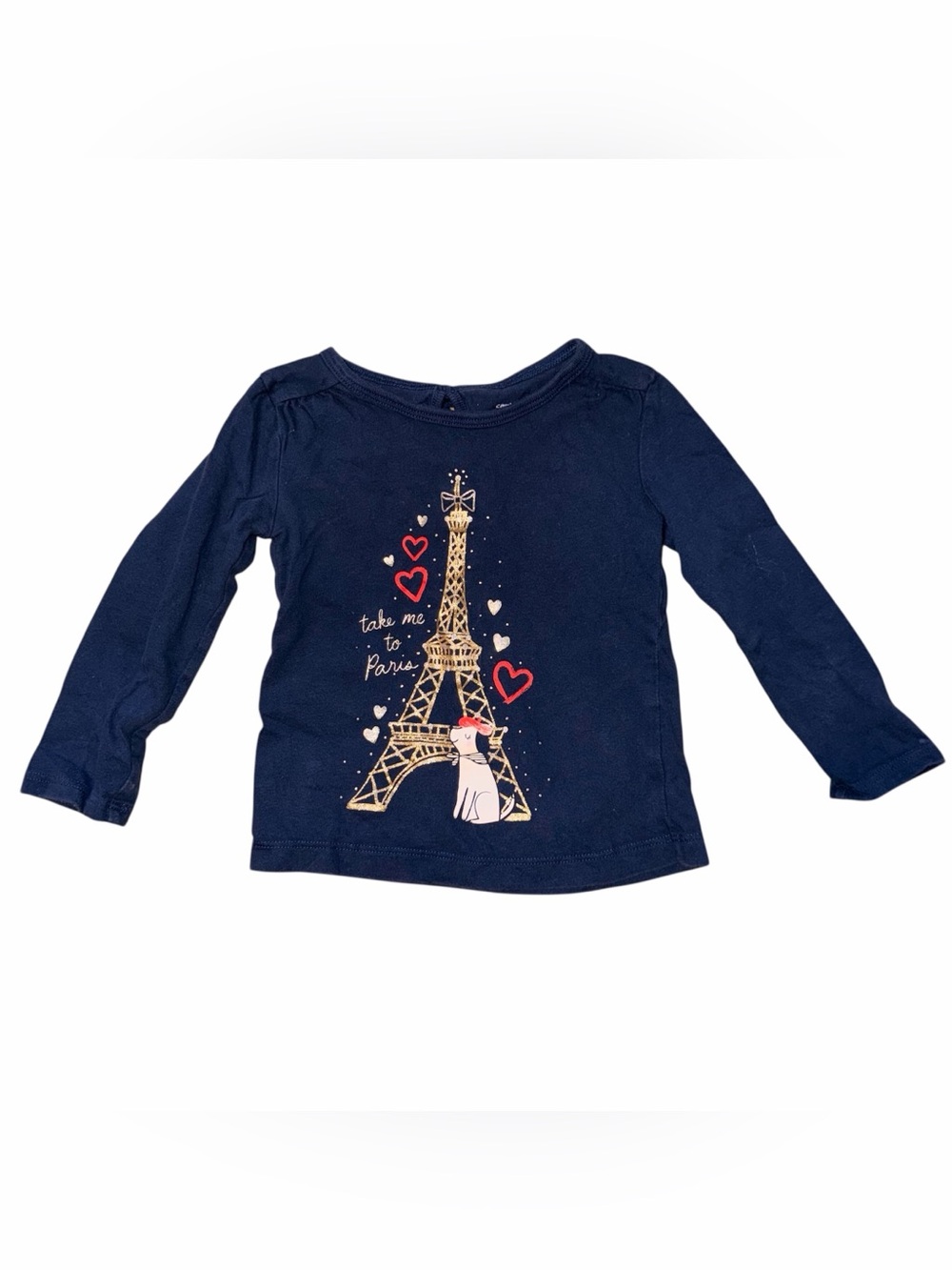 Carter's Navy Long Sleeve Top with Gold Eiffel Tower & Red Hearts